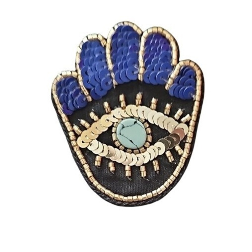 Express Hamsa Hand Evil Eye Brooch Pin Beaded Sequin Blue Gold NWT